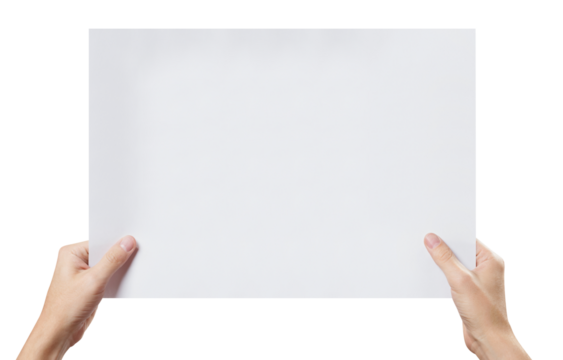 Hands holding a sheet of white paper, cut out