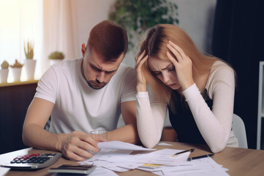 Couple experiencing financial stress, sitting at a desk with a calculator and papers strewn all around them, generative ai
