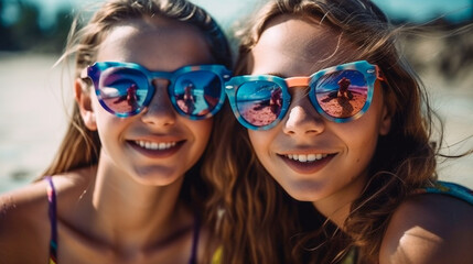 Two Young Girlfriends Posing Wearing Sunglasses Having Fun on the Beach - Generatvie AI.