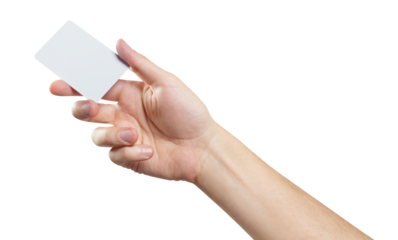 Hand holding a blank card or a ticket/flyer, cut out