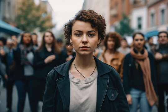Empowerment in the face of street harassment - woman confidently standing up for herself while being harassed on the street, generative ai