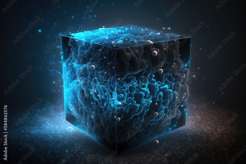 Poster a cube with bubbles and bubbles in it on a dark background deep sea trench assemblage motion graphic