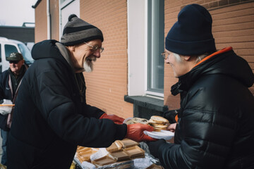 friendly volunteer handing out sandwiches and drinks to those in need at a local soup kitchen, generative ai - obrazy, fototapety, plakaty