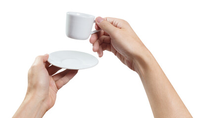 Hands holding a small cup of coffee or tea, cut out