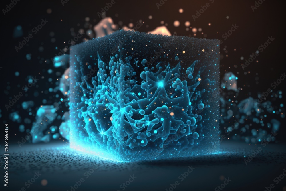 Poster a blue cube with bubbles floating around it on a black background deep sea trench animation motion g