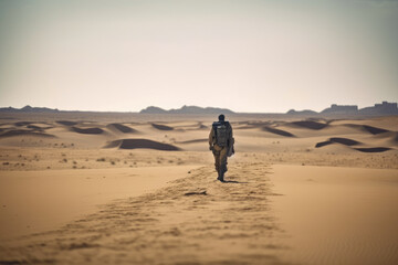 lone figure walking through the desert with a heavy load, seeking an oasis in the distance, generative ai