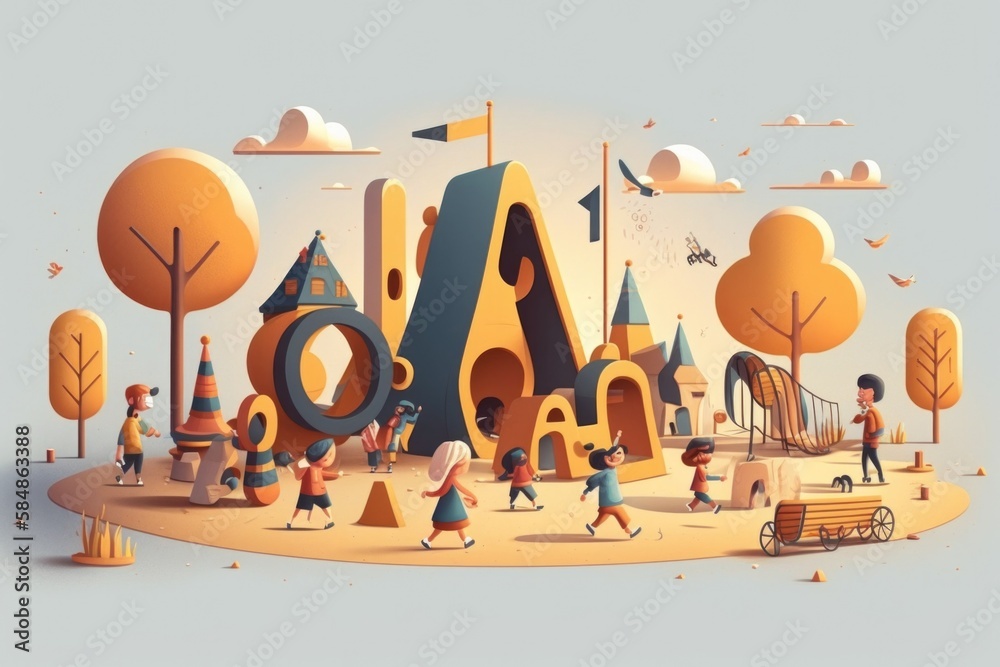 Poster a group of people walking around a playground with a slide and play structure amusement park animati