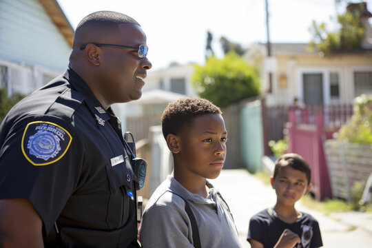 Police Officer and Youth Mentor Leading a Neighborhood Watch Program, generative ai