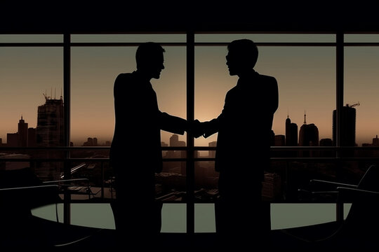Silhueta Empresários fazendo aperto de mão com parceiro, negócios, trabalho em equipe e negócios bem-sucedidos, hora de ouro