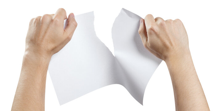 Hands tearing a sheet of white paper in half, cut out - Powered by Adobe
