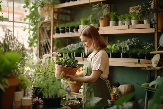 Jardineiro qualificado cuidando de vasos de plantas e ervas na loja