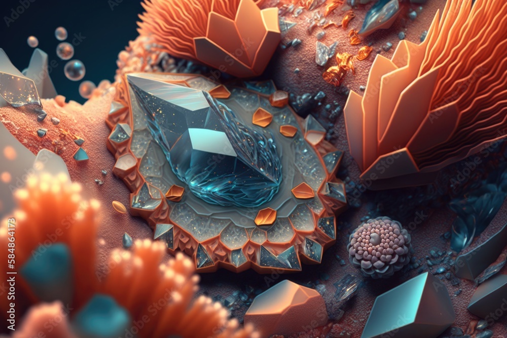 Poster a close up of a very colorful object with many different shapes coral reef animation motion graphics