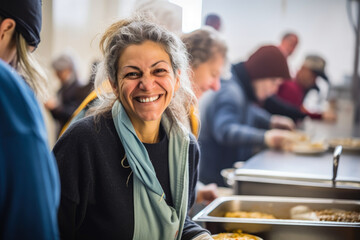 smiling volunteer serving a hot meal with a side of kindness at a welcoming soup kitchen, generative ai - obrazy, fototapety, plakaty