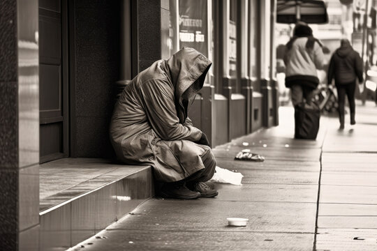 Solitude in the City Homeless Person Contemplating Life on a Busy Sidewalk, generative ai