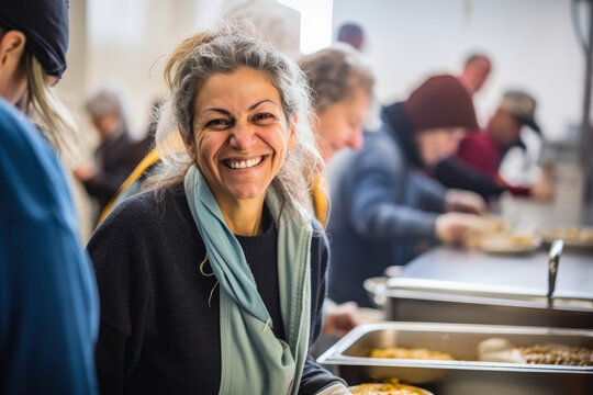 smiling volunteer serving a hot meal with a side of kindness at a welcoming soup kitchen, generative ai