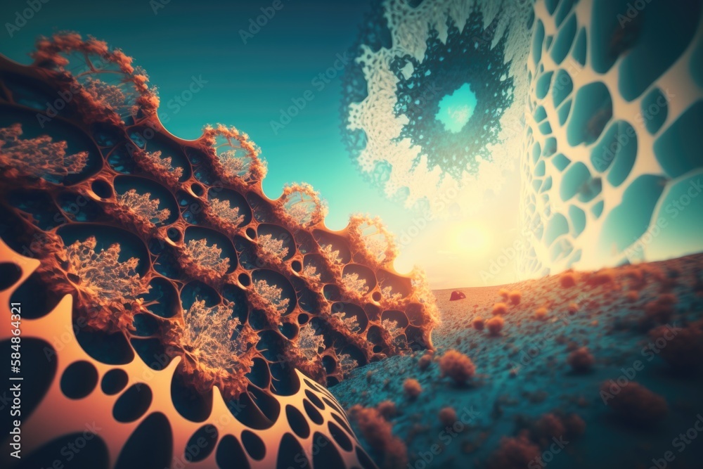 Poster a computer generated image of a large object in the sky with a sun in the background coral reef anim