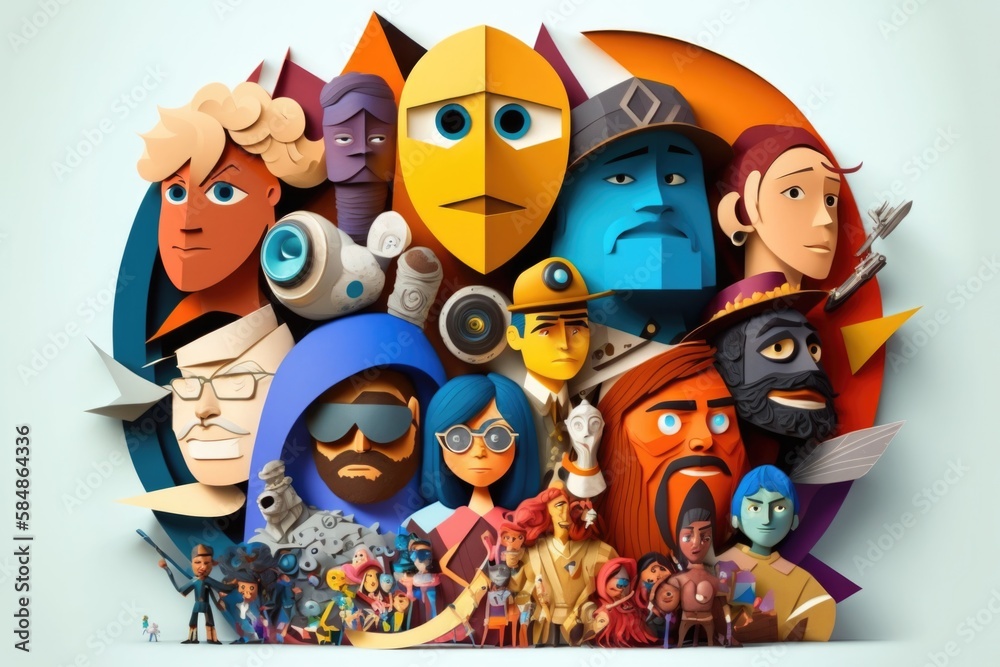 Poster a group of people with different faces and shapes on a white background arcade graphic design animat