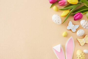 Easter decor idea. Top view composition of easter bunny ears colorful eggs yellow pink tulips and butterfly cookie on isolated beige background with copyspace