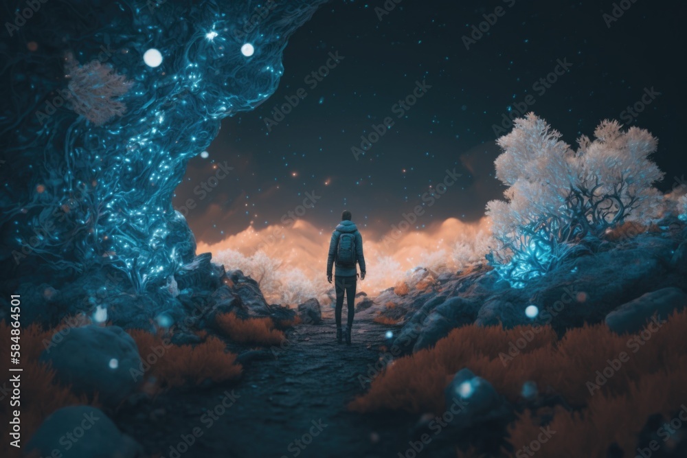 Wall mural a man standing in a forest looking at the sky with stars lunar landscape animation motion graphics g