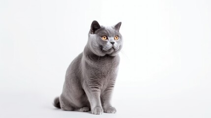 Purebred British gray cat sitting on a white background. Generative AI.