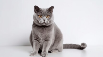 Purebred British gray cat sitting on a white background. Generative AI.
