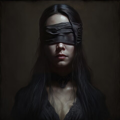 Portrait of a mysterious woman with long black hair, black dress and a blindfold. Generative Ai