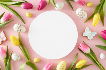 Fototapeta na wymiar Easter concept. Top view composition of white circle colorful easter eggs butterfly cookies and tulips flowers on isolated pastel pink background with blank space