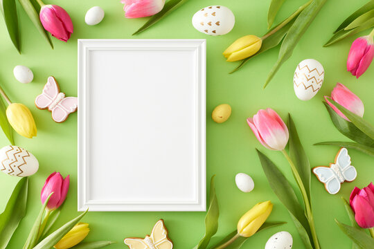 Easter idea. Flat lay photo of white vertical photo frame colorful easter eggs butterfly cookies and natural tulips on light green background
