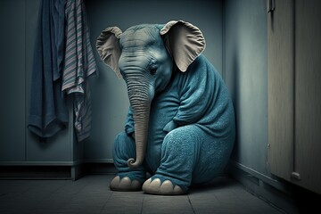 Depressed elefant in pajamas, concept of Depression and Animal Behavior, created with Generative AI technology