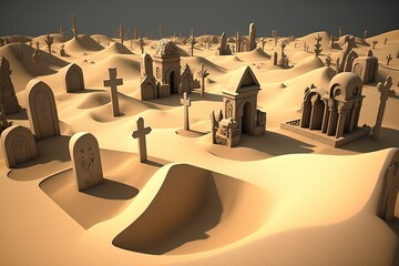 Graveyard with graves made of sand, concept of Sand art and Cemetery, created with Generative AI technology