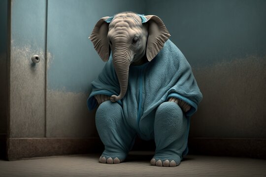 Depressed elefant in pajamas, concept of Depression and Animal Behavior, created with Generative AI technology