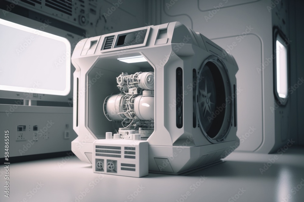 Poster a white computer case with a machine inside of it on a table power plant photorealism computer graph