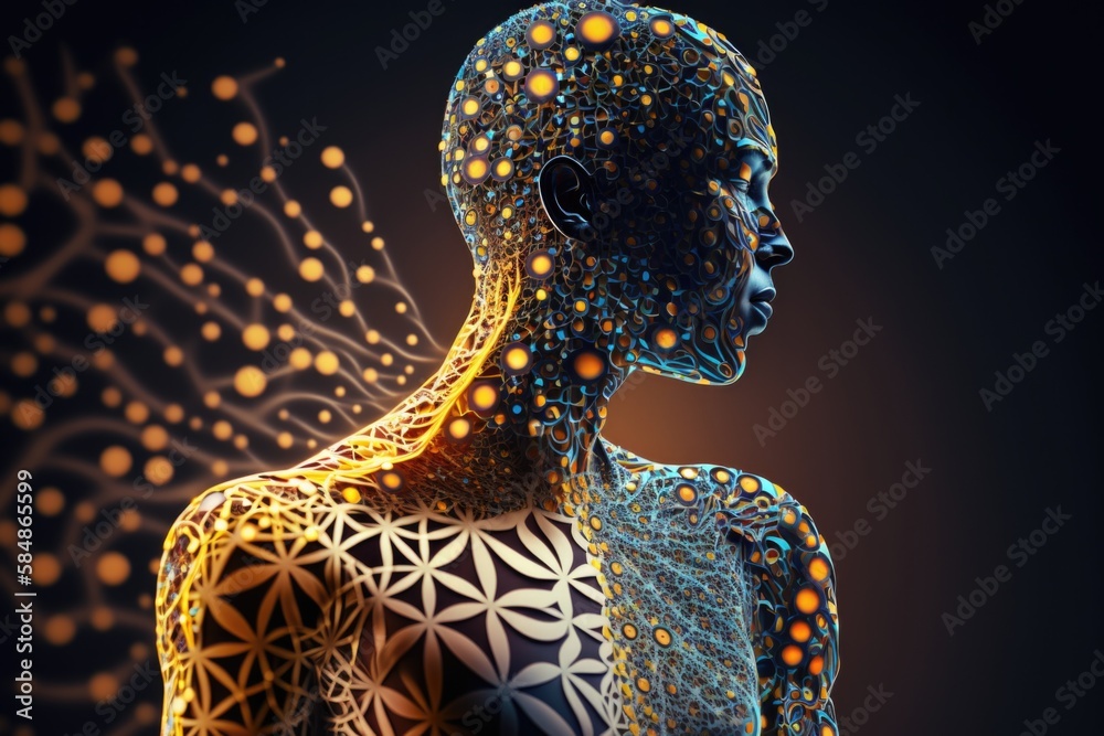 Poster a man's body with a pattern of dots on it factory kinetic art natural language processing generative