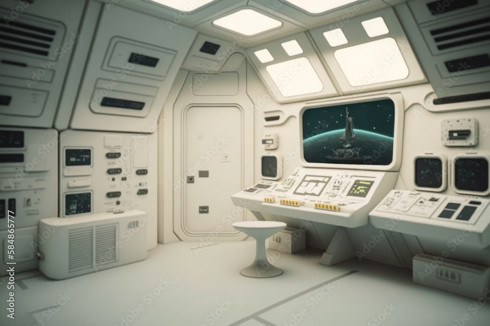 Poster a computer screen in a room with a table and chairs in it lunar landscape animation 3d modeling gene