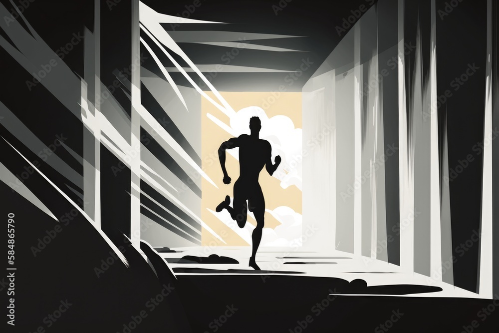 Poster a man running through a tunnel in the dark with a light coming through factory animation vector art 