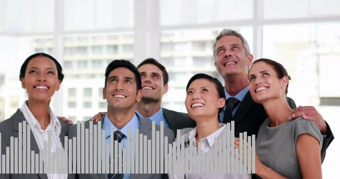 Animation of graph over smiling diverse coworkers holding shoulders and looking up in office