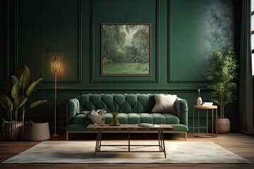 Green interior with couch and furnishings. illustration mockup. Generative AI
