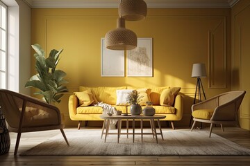 Sofa and décor in yellow living room. Generative AI