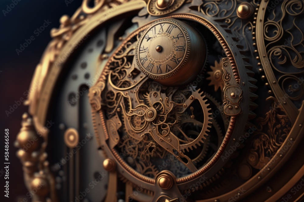 Poster a close up of a clock with gears and chains on it historic clock tower time-lapse photography time m