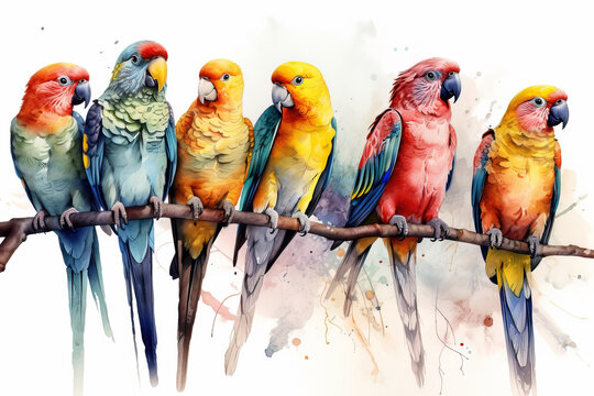 Colorful Watercolor of Parrots Perching. AI generated Illustration.