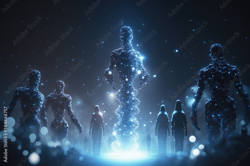 Fototapete A Group Of People Standing In A Dark Room With A Light Shining On Them Factory Animation Motion Graphics Generative AI 