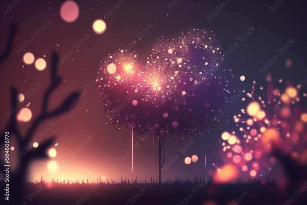 Poster a night scene with a fireworks display in the sky and a tree orchard animation motion graphics gener