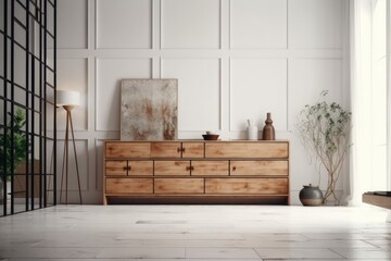 Japanese home room, blurred backdrop. Wooden dresser with wall mockup. Marble floor, panorama, wallpaper mockup. Modern decor,. Generative AI