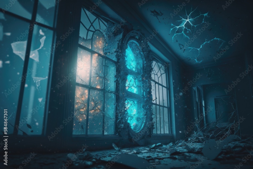 Poster a room with a window and a broken window frame in it deep sea trench animation motion graphics gener