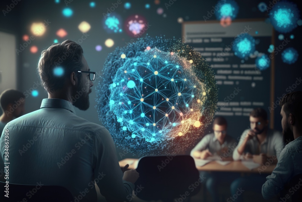 Poster a man looking at a computer screen with a network in the middle workshop graphic design supply chain