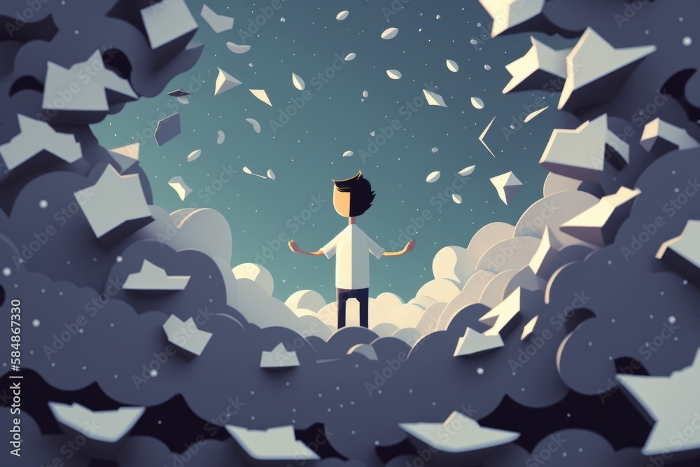 Poster a man standing in a hole in the sky with a sky background workshop graphic design natural language p