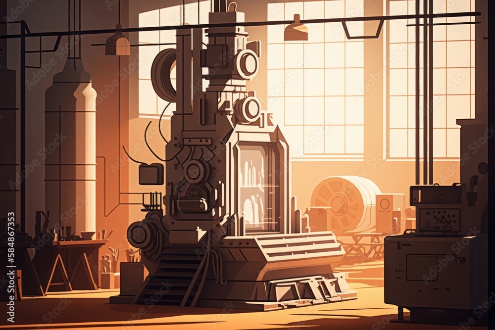 Poster a room with a large machine in it and a window in the background factory animation animation filmmak