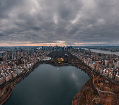 Manhattan and central park aerial view on a cloudy day