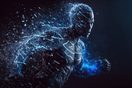 A Man Running Through The Air With A Blue Light Coming Out Of His Chest Martial Arts Studio Time-lapse Photography Energy Healing Generative AI 