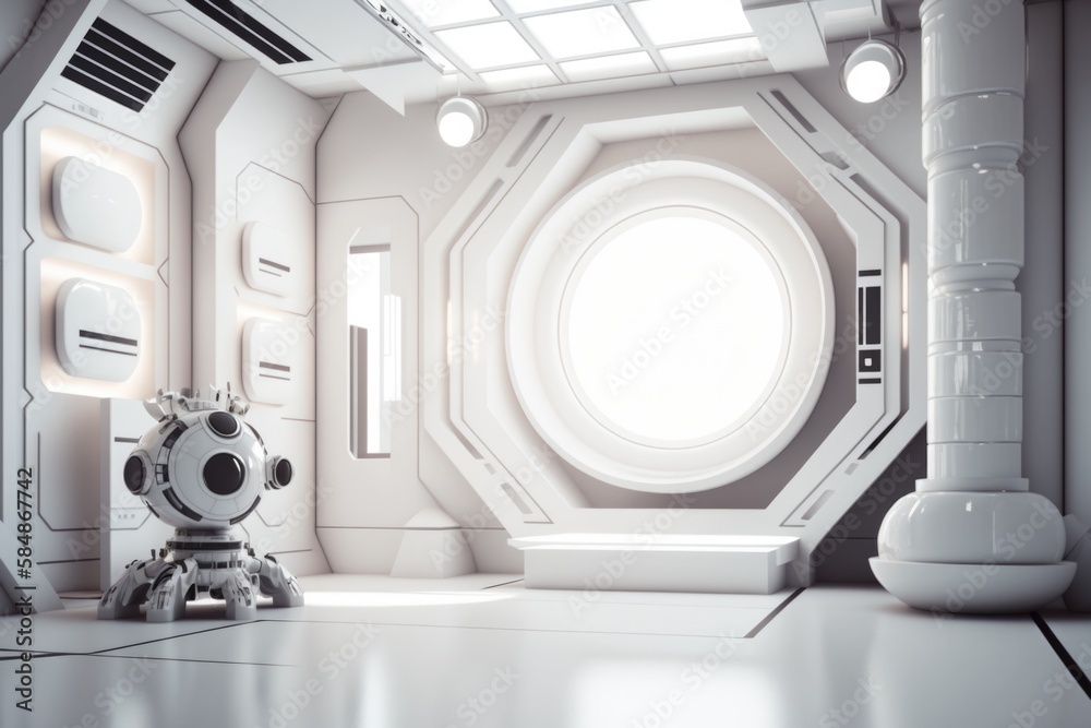 Poster a futuristic looking room with a window and a robot in the center classroom photorealism 3d modeling